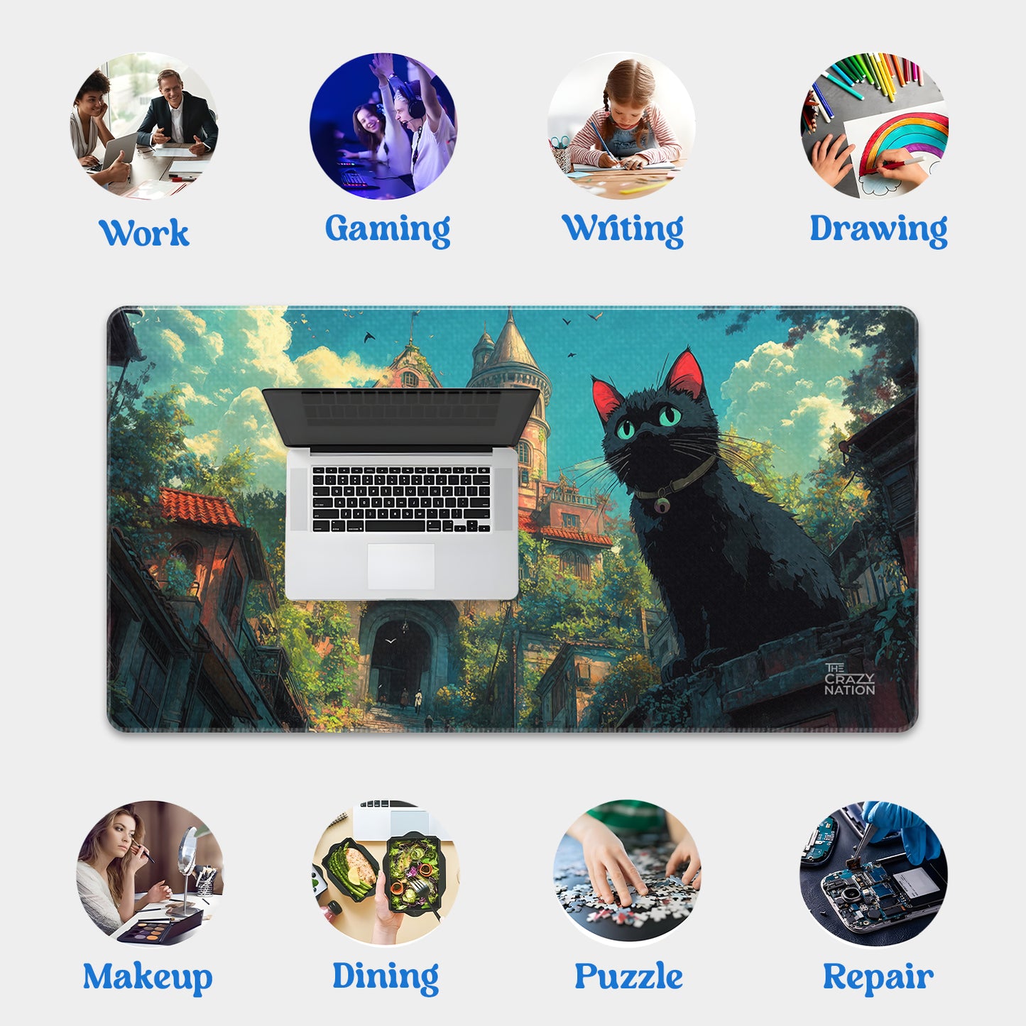 Mystical Cat and Enchanted Castle Stiched Desk Mat