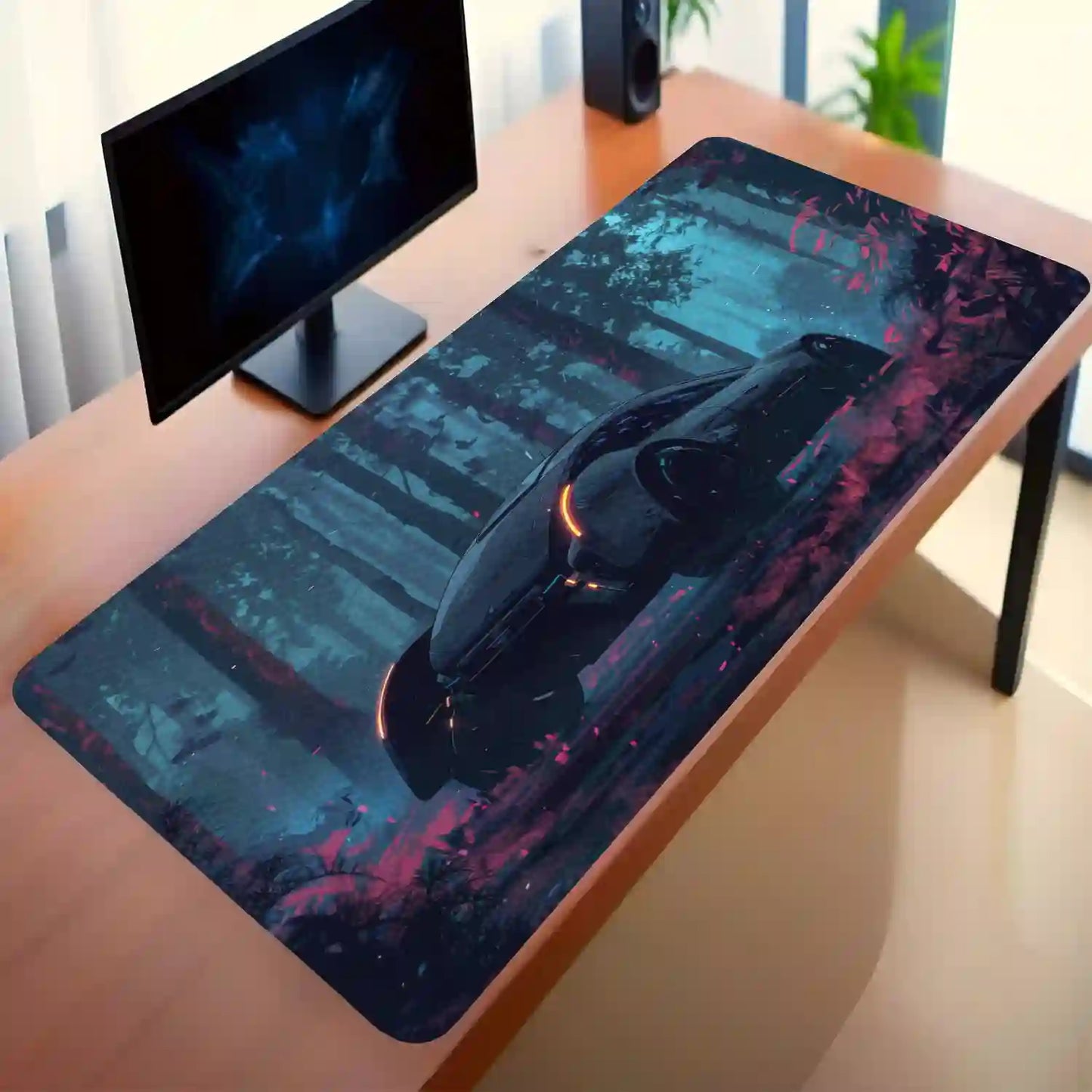 Futuristic Car in Enchanted Forest Desk Mat