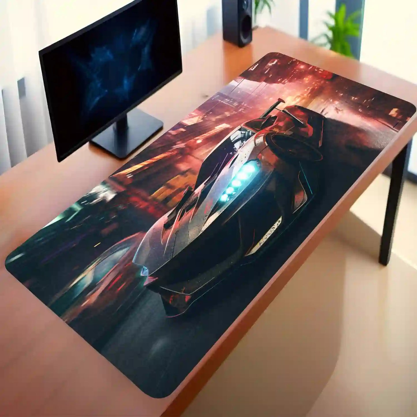 Futuristic Sports Car in Neon City Desk Mat