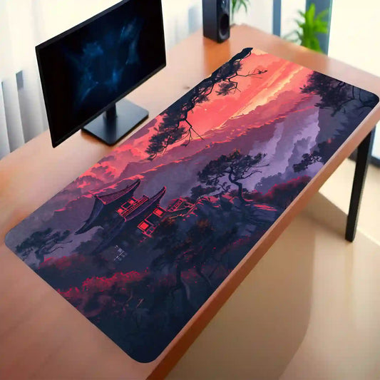 Tranquil Mountain Temple at Sunset Desk Mat
