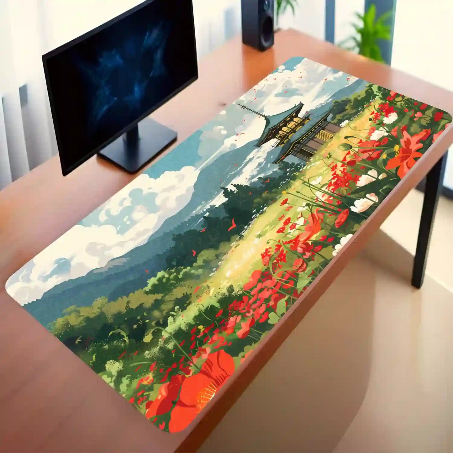 Tranquil Pagoda in Blooming Meadow Desk Mat