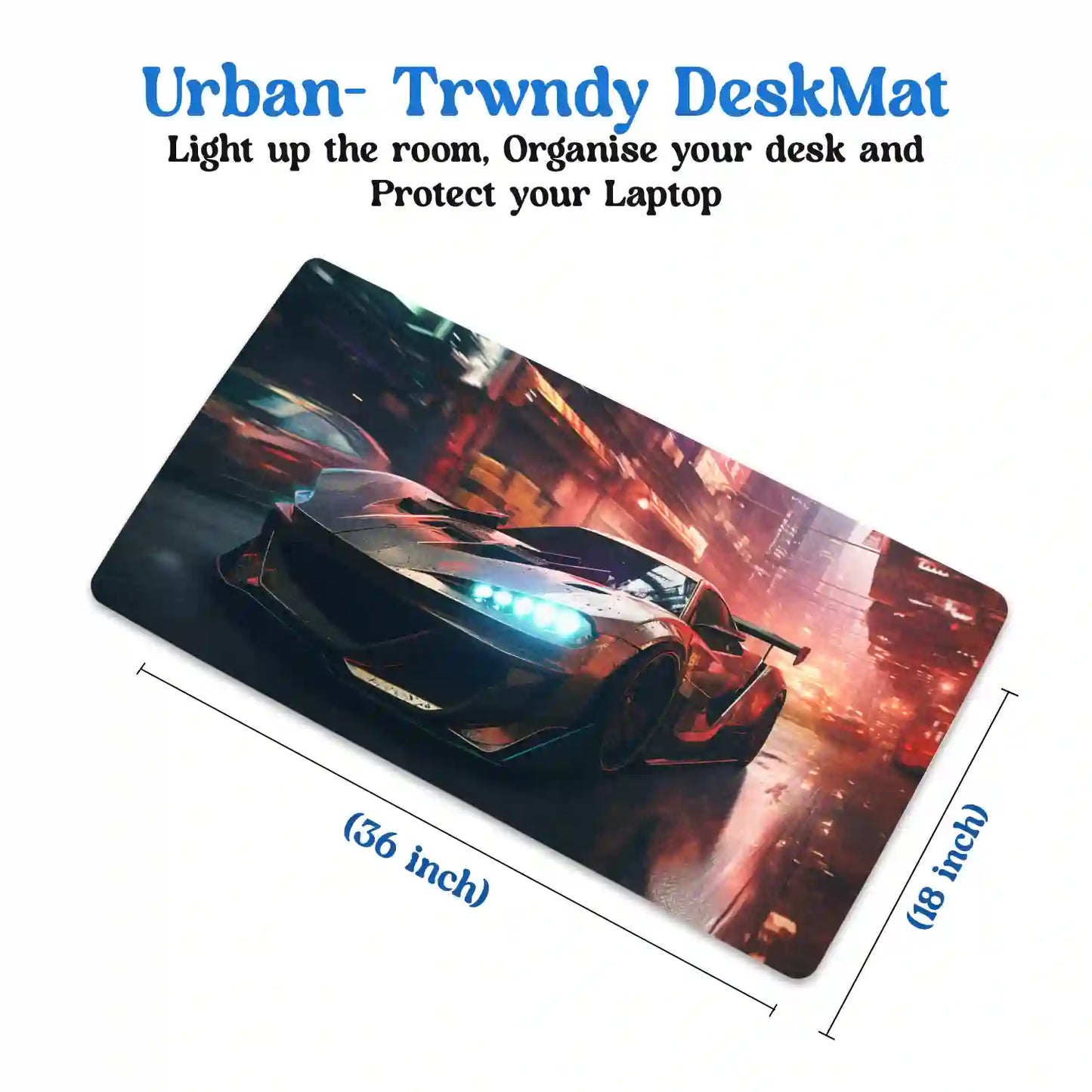 Futuristic Sports Car in Neon City Desk Mat