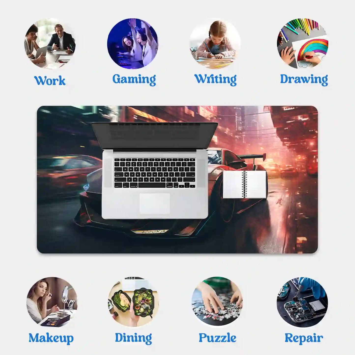 Futuristic Sports Car in Neon City Desk Mat