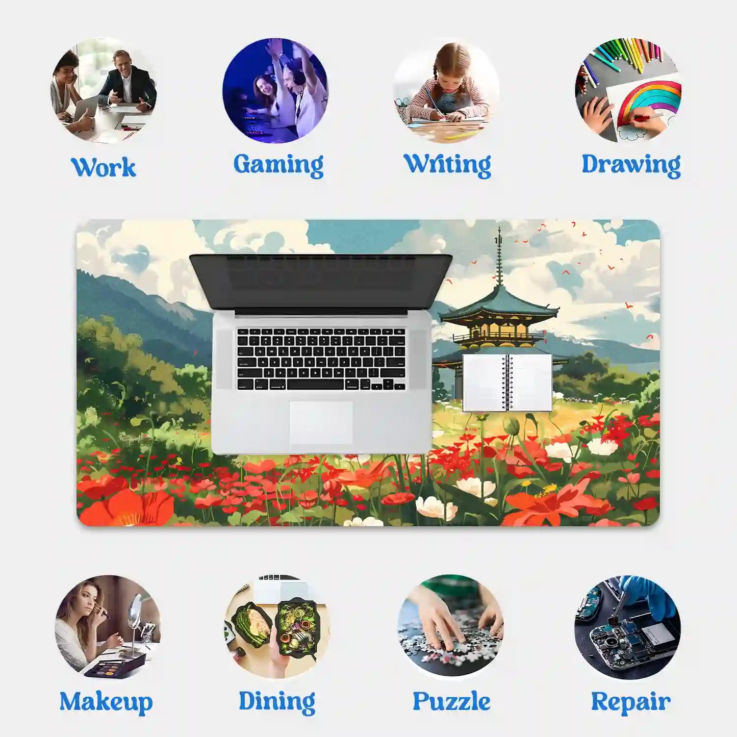 Tranquil Pagoda in Blooming Meadow Desk Mat