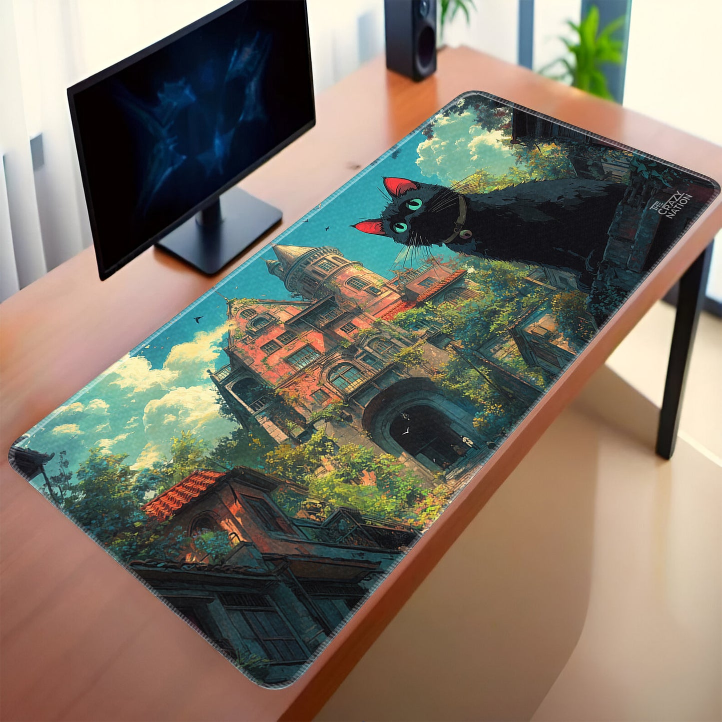 Mystical Cat and Enchanted Castle Stiched Desk Mat