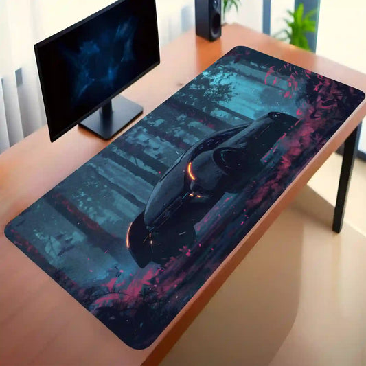 Futuristic Car in Enchanted Forest Desk Mat