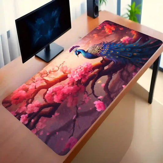 Majestic Peacock Amidst Blossoms Desk Mat