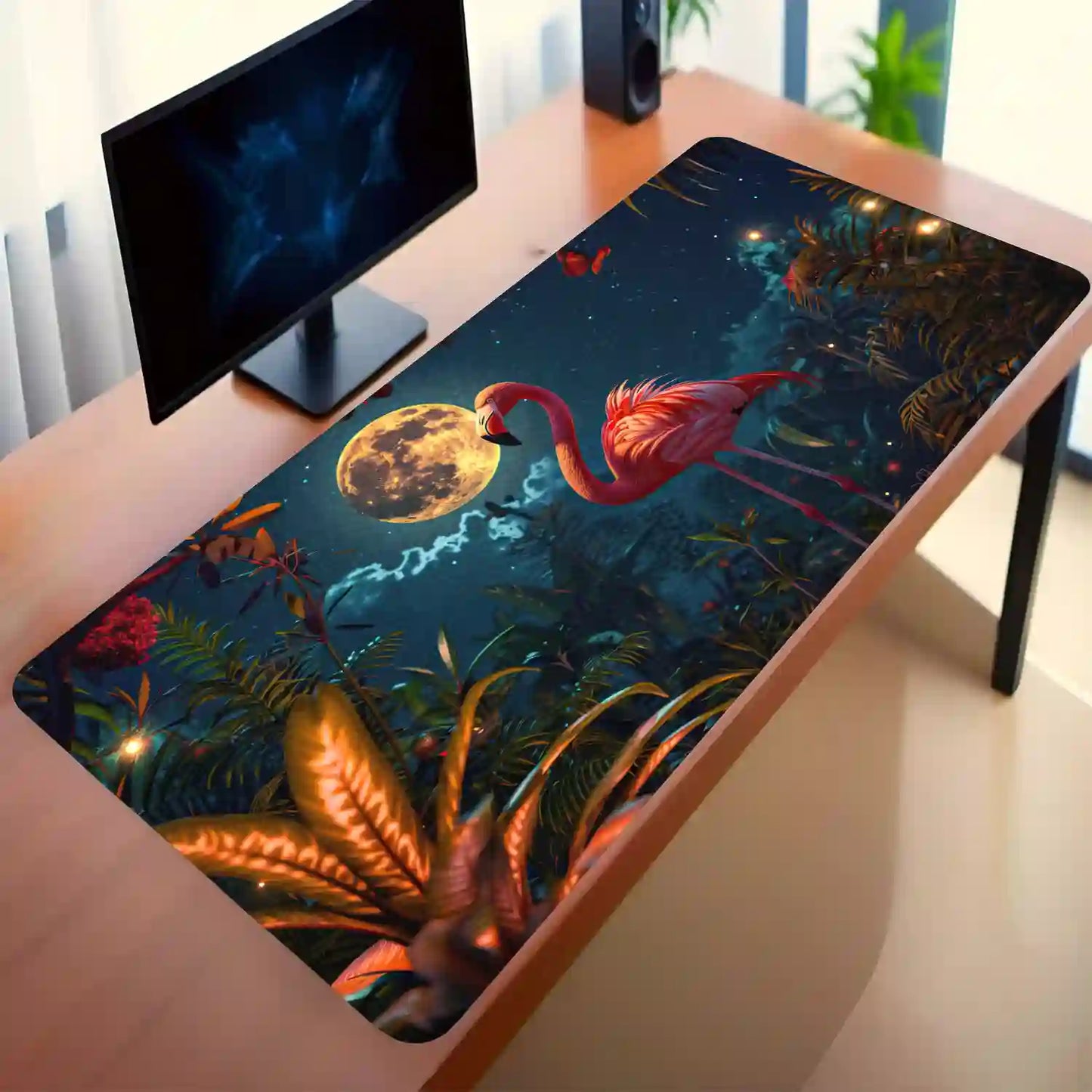 Moonlit Flamingo in Enchanted Jungle Desk Mat
