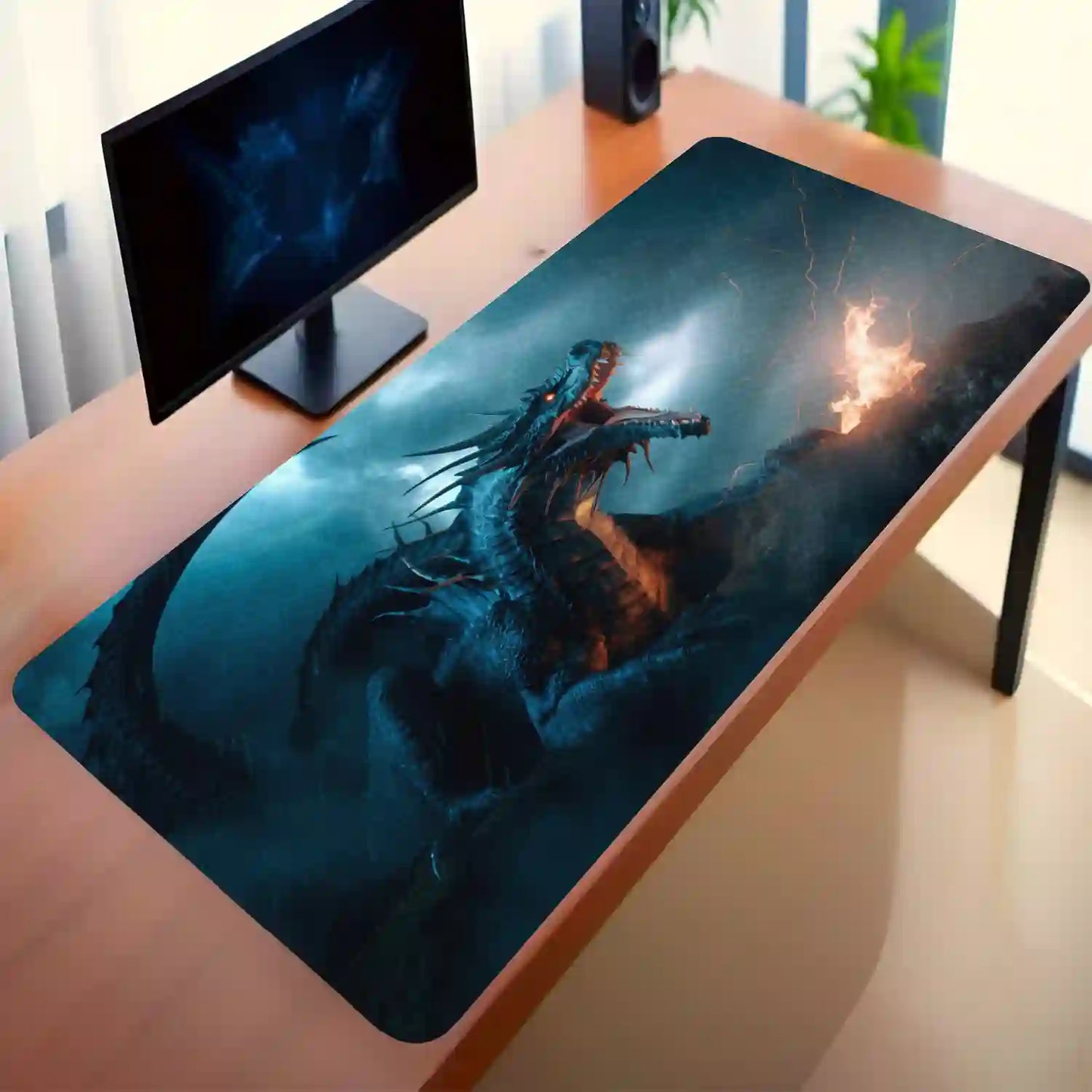 Fierce Dragon in Stormy Night Desk Mat