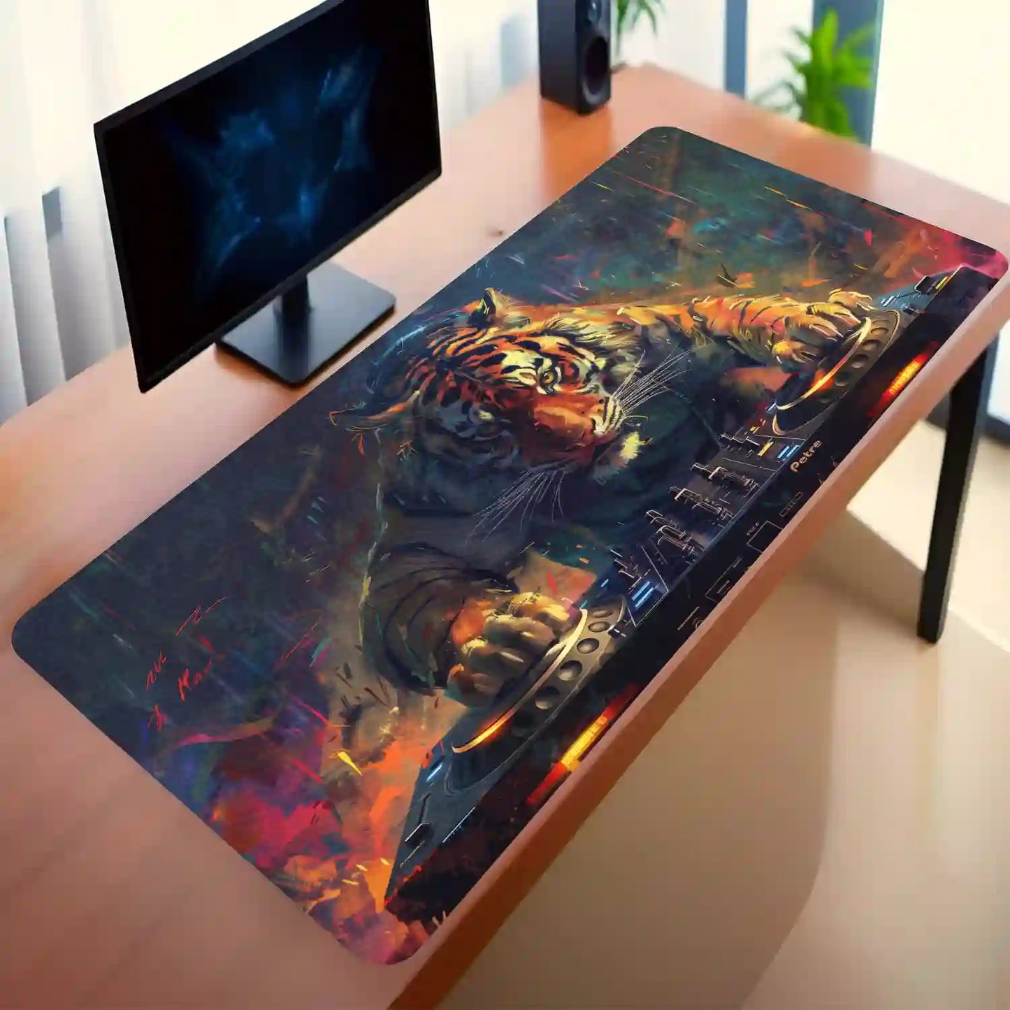 Tiger DJ in Action Desk Mat